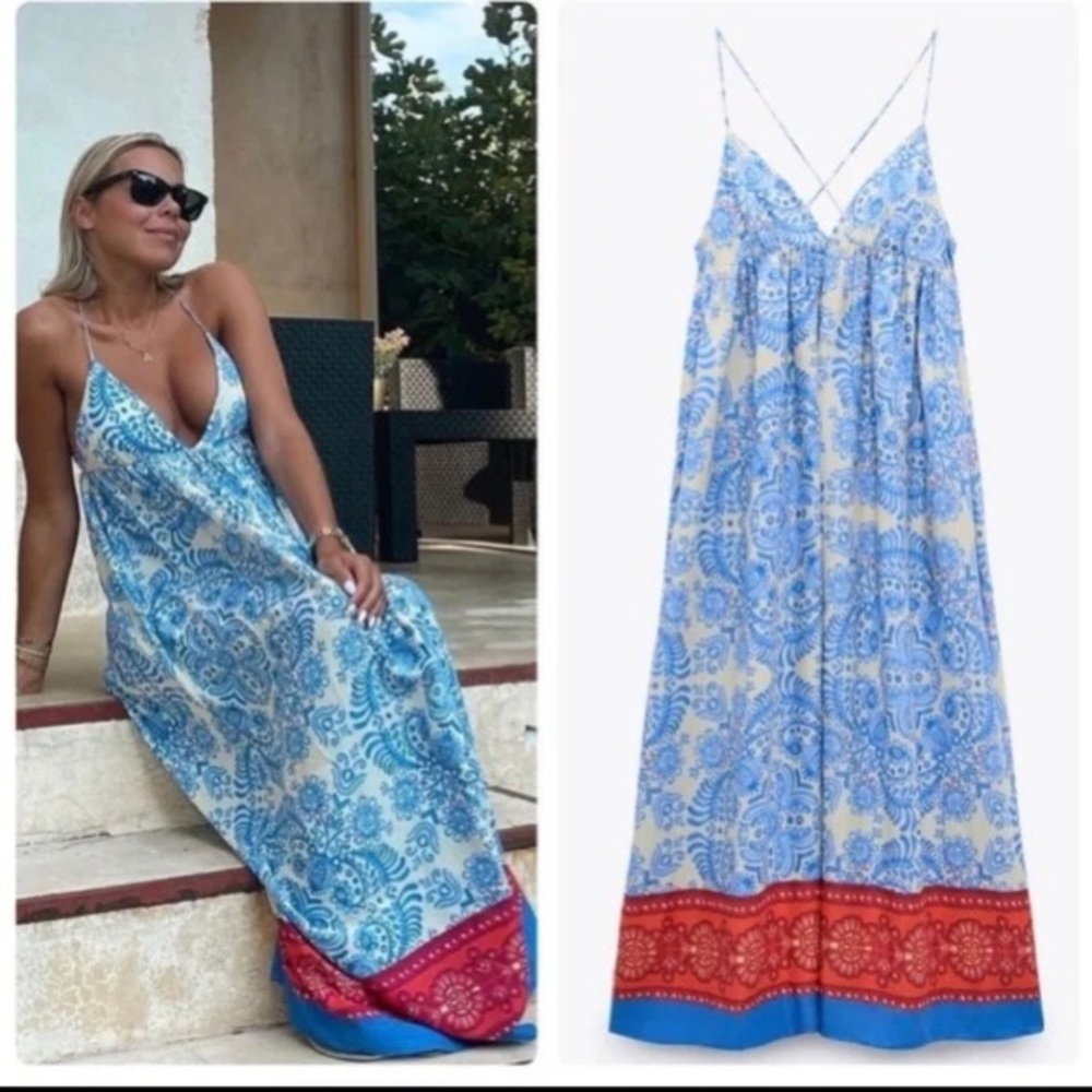 Zara Blue and Red Paisley Maxi Dress